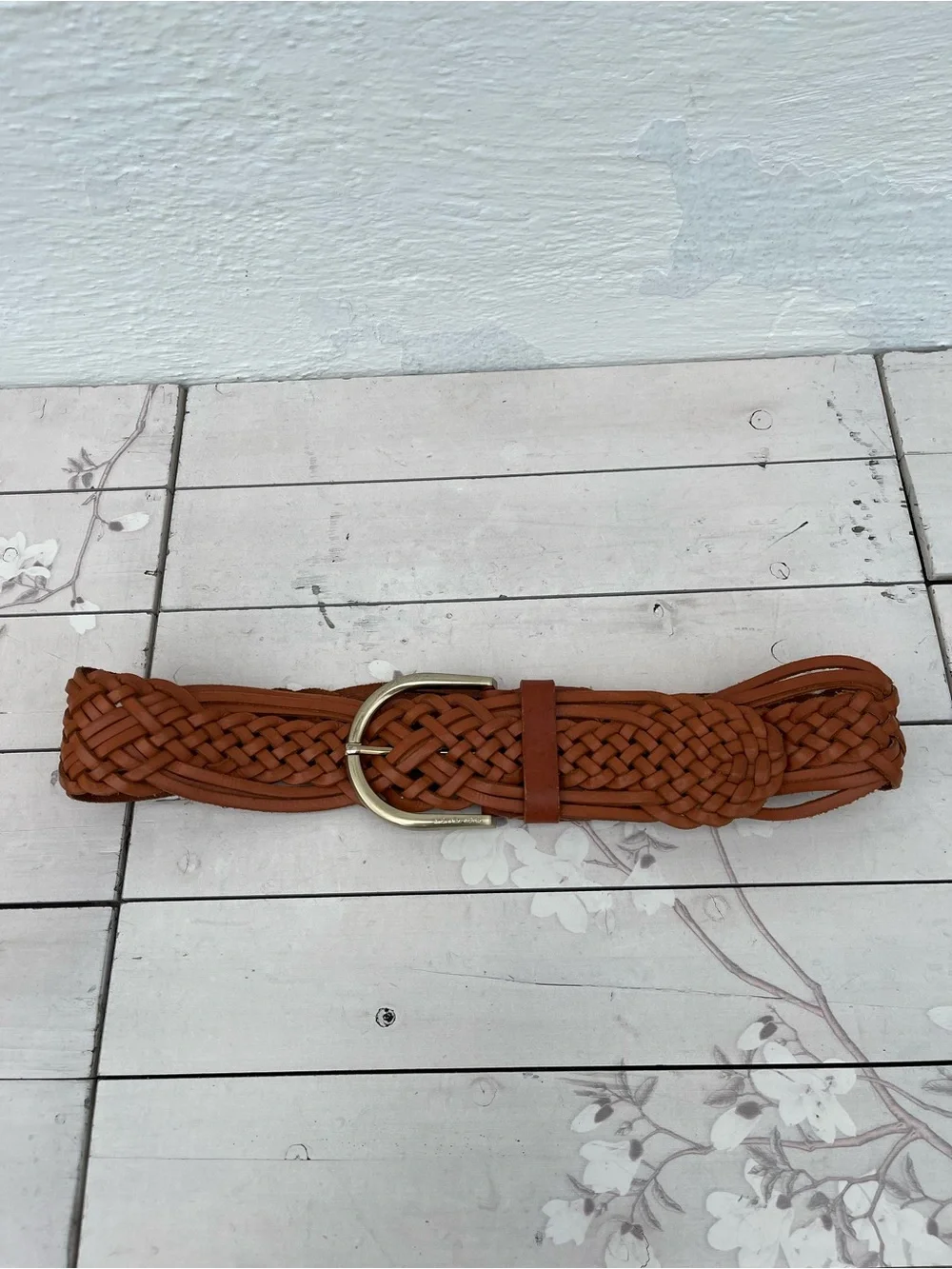 Michael Kors Woven Leather Belt in Cognac Brown with Gold Buckle